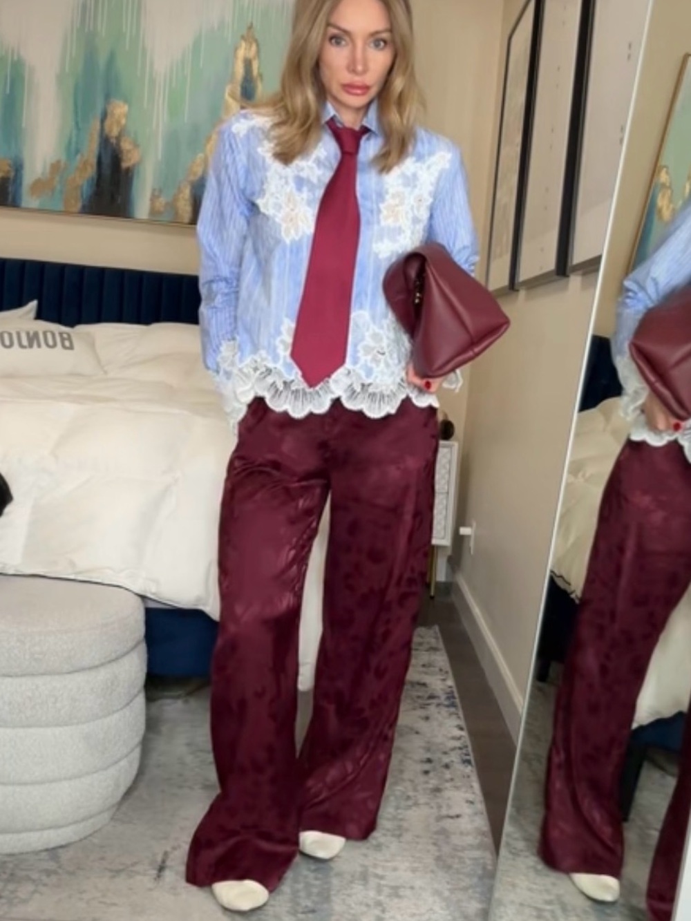 Tamara H Burgundy Floral Satin Wide Leg Pants Size Small